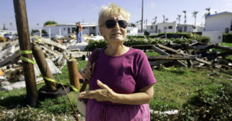 Barbara Cassidy stands in front of her Davie, Fla., mobile home one month after Hurricane Wilma destroyed her home in 2005. Wilma was the last major storm to make landfall in the U.S. J. Pat Carter /AP