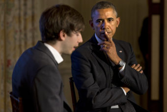 President Obama listens to a question read by Tumblr founder and CEO David Karp during a Tumblr forum Tuesday. Jacquelyn Martin/AP