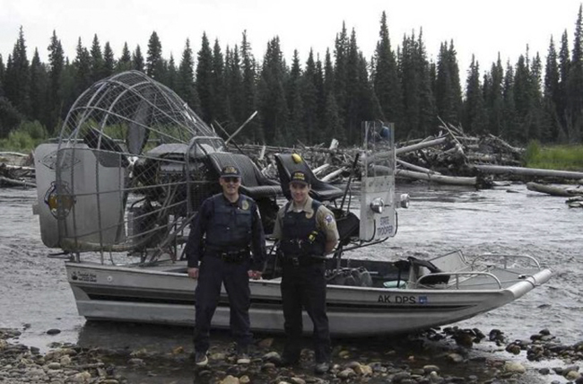Wildlife Troopers with the Department of Public Safety using an airboat for river patrols. (Photo courtesy Alaska Wildlife Troopers)