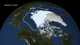 Arctic Sea ice in September 2012. Yellow line shows average ice coverage from 1979 to 2010. (Photo courtesy of NASA)