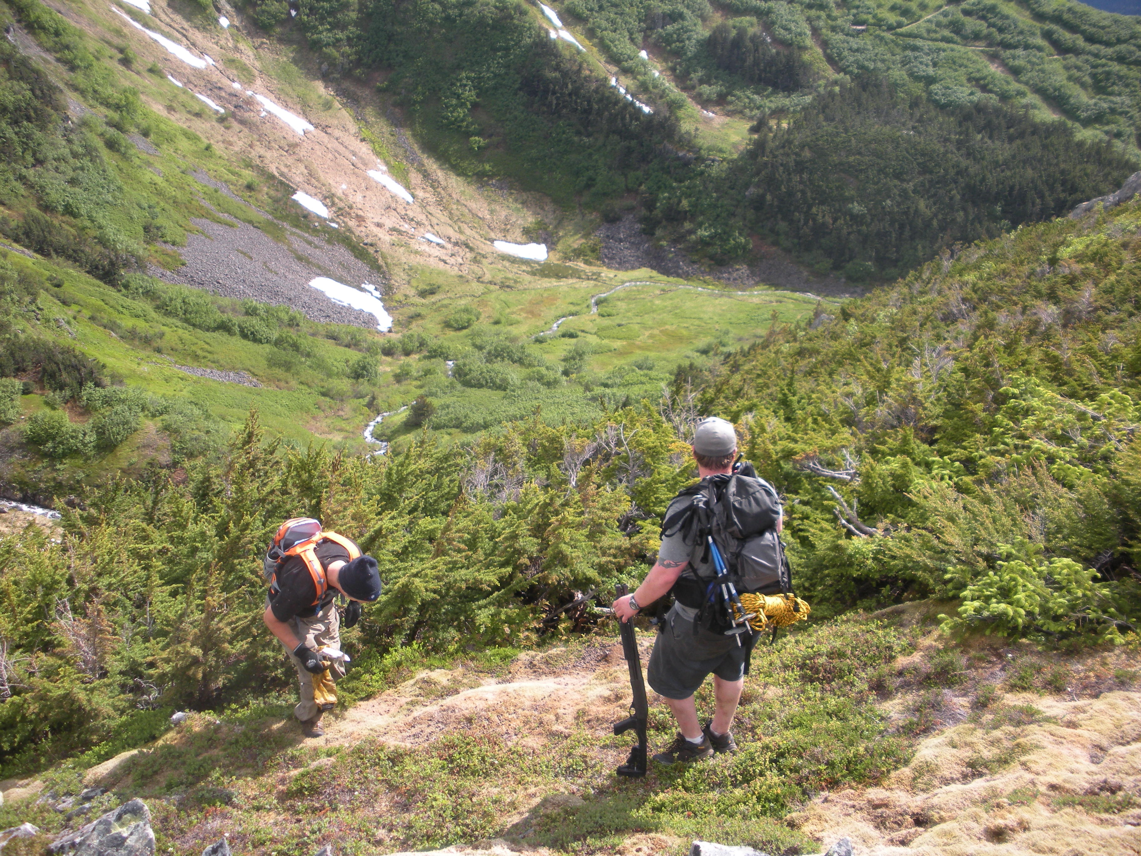 Volunteer searchers Devon Barrett and Luke Holton make their way to the top of Bear Ridge above Last Chance Basin on the Mount Roberts side Sunday, June 15. (Photo courtesy of Chelsea Karthauser)