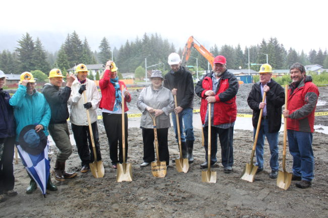 The City and Borough of Juneau and Friends of the Juneau Public Libraries held a ceremonial groundbreaking for the Mendenhall Valley Public Library at Dimond Park on Friday. (Photo by Lisa Phu/KTOO)