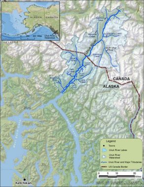 Two overdue boaters were found safe early Tuesday afternoon on a beach in the Unuk River area north of Behm Canal. (Map of the Unuk River area courtesy Alaska Department of Fish and Game)
