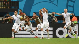 U.S. forward Clint Dempsey (8) celebrates after scoring his team's second goal during a match against Portugal at the Amazonia Arena in Manaus on Sunday. Francisco Leong /AFP/Getty Images