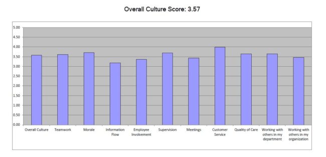 Hospital employees were surveyed on various categories of work culture. The scores ranged from a low of 1.0 to a high of 5.0. (Graph courtesy of Bartlett Regional Hospital)
