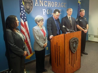 Law enforcement officials address the media regarding updates in the Joshua Wade case. (Photo by Josh Edge, APRN – Anchorage)