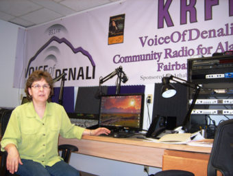 Athabascan Fiddlers Association General Manager Ann Fears in the KRFF studio on College Road in Fairbanks. (Photo by Tim Ellis/KUAC)