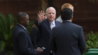 U.S. Sen. John McCain leaves a meeting with India's foreign minister Wednesday in New Delhi. Manish Swarup/AP