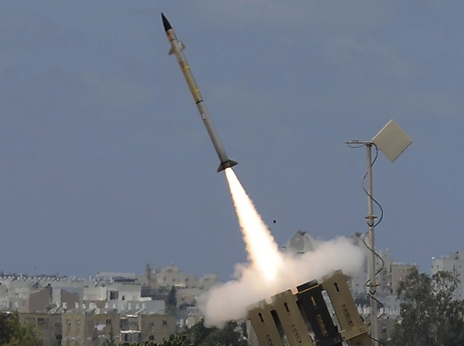 A missile leaves an "Iron Dome" battery, Israel's short-range missile defense system, Monday. Israel shot down a drone Monday, using a Patriot missile to take out the unmanned aircraft. David Buimovitch/AFP/Getty Images