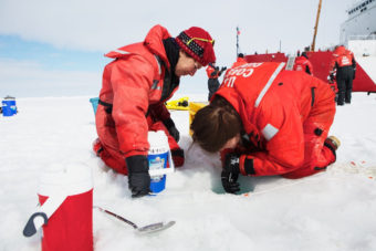 Researchers collect water samples in the Chukchi Sea. (Photo courtesy of Amanda Kowalski/ArcticSpring.org)