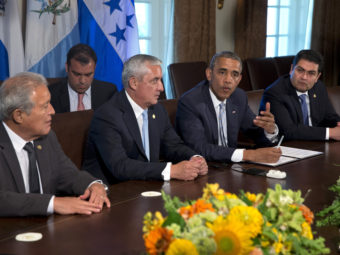 At the White House on Friday, President Obama met with El Salvador's President Salvador Sanchez Ceren (from left), Guatemalan President Otto Perez Molina and Honduran President Juan Orlando Hernandez to discuss the border crisis. AP