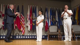 Secretary of the Navy Ray Mabus and Chief of Naval Operations Adm. Jonathan Greenert applaud Adm. Michelle Howard on her promotion Tuesday. MCC Peter D. Lawlor/U.S. Navy