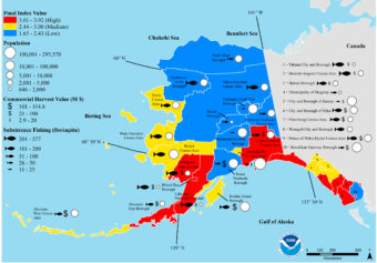 Individual components of the final ocean acidification risk index for each census area showing the communities with the highest risk are in the Southeast and Southwest of the state. (Map courtesy NOAA)