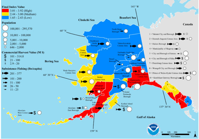 Individual components of the final ocean acidification risk index for each census area showing the communities with the highest risk are in the Southeast and Southwest of the state. (Map courtesy NOAA)