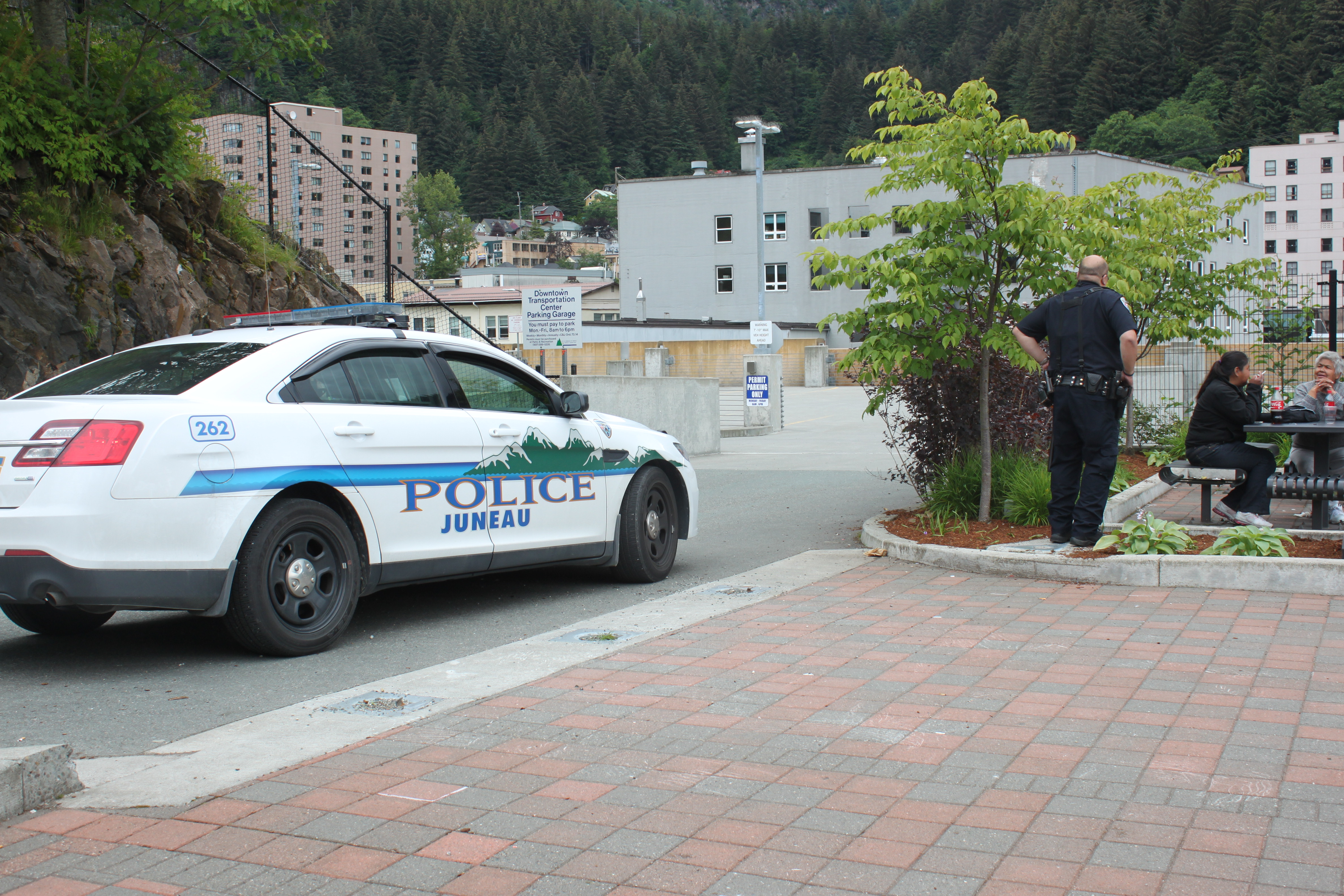 Juneau police make a check at Telephone Hill. Downtown Juneau consumes a lot of JPD time. (Photo by Lisa Phu/KTOO)