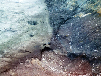 The entrance to the ice cave shows deterioration. Holes have begun appearing in the cave roof. (Photo by John Neary)