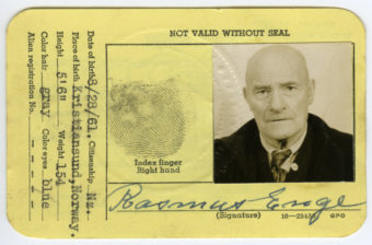 Rasmus Enge's WWII Coast Guard identification card. (Photo courtesy of the Clausen Museum)