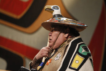 Shangukeidí (Thunderbird) Clan Leader David Katzeek wearing a clan hat at Celebration 2010. (Photo by Brian Wallace/Courtesy of Sealaska Heritage Institute)