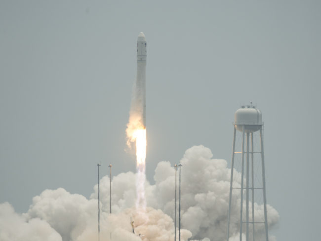 In a photo provided by NASA, the Orbital Sciences Corporation Antares rocket launches with the Cygnus spacecraft aboard, on Sunday from NASA's Wallops Flight Facility in Virginia. Bill Ingalls/AP