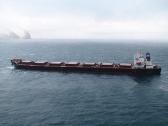 The 738-foot cargo vessel Golden Seas was at risk of running aground on Adak when it lost power in December 2010. The ship was towed to Unalaska by an icebreaker that happened to be in town. (Photo courtesy Marine Exchange of Alaska)