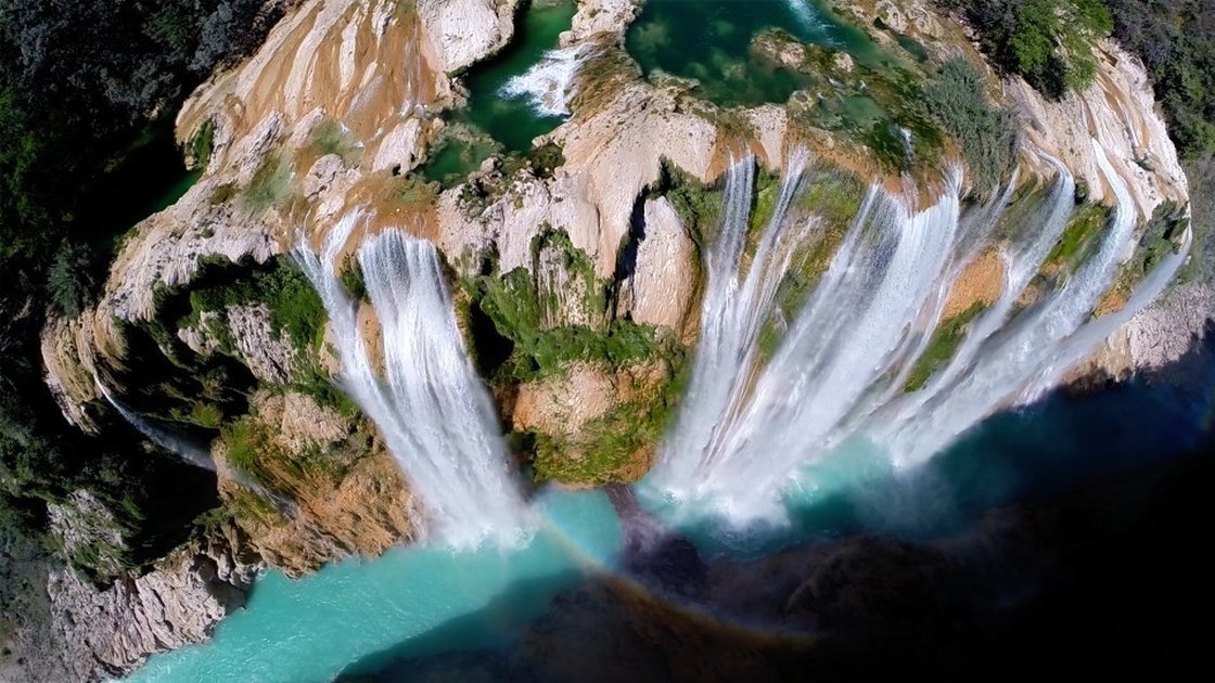 The Tamul waterfall in f San Luis Potosí, Mexico is seen in this image taken with the help of a drone aircraft. The water reportedly falls more than 340 feet. postandfly/Dronestagram