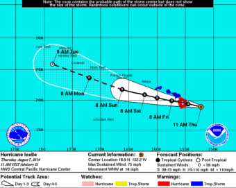 The forecast path of Hurricane Iselle as of Thursday afternoon, local time in Hawaii. NOAA