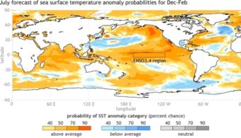 A NOAA map shows the forecast for sea-surface temperatures for the months of December-February, 2014-2015. Climatologists say there's a 65 percent chance of an El Nino forming. CPC/NOAA