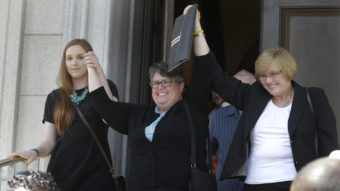 Plantiffs in the federal suit over Virginia's ban on gay marriage, Emily Schall-Townley (from left), Carol Schall and Mary Townley, after a hearing on Virginia's same-sex-marriage ban in Richmond, Va., in May. Wednesday, the 4th U.S. Circuit Court of Appeals refused a motion to stay its decision that the ban isn't constitutional. Steve Helber/AP