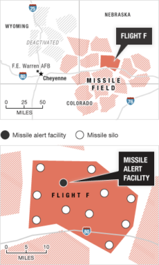 The base's 150 missiles are divided into "flights" labeled with letters. NPR visited Flight F (Foxtrot). Source: Historic American Engineering Record Credit: Alyson Hurt / NPR