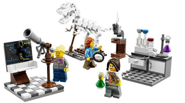 A product image shows the new Research Institute playset from Lego, which features women in roles as three scientists. In January, the company was criticized by a girl who said all its female characters were "boring." Lego