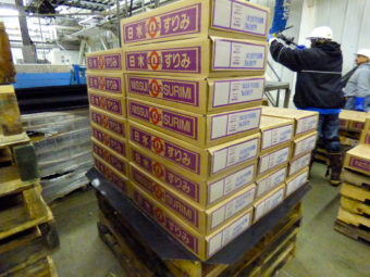 A pallet of raw surimi at UniSea's plant in Unalaska. UniSea planned to export about 500 tons of raw surimi to Russia this season. (Photo by Lauren Rosenthal/KUCB)