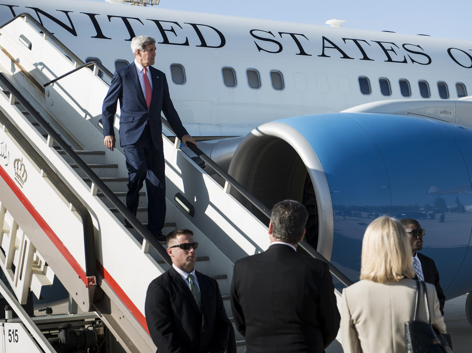 Secretary of State John Kerry arrives at Queen Alia Airport in Amman, Jordan, on Wednesday, ahead of a stop in Iraq. Kerry is hoping to nail down support for a U.S. plan to combat the Islamic State insurgency in Iraq and Syria. (Reuters/Landov)