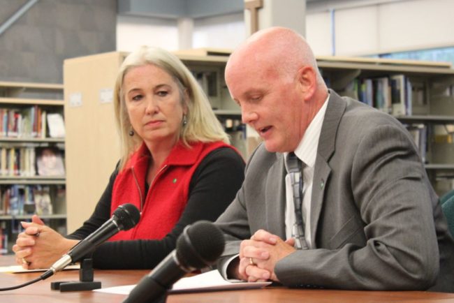 Rep. Cathy Munoz and Education Commissioner Mike Hanley thank the school board and administration for taking hazing seriously. (Photo by Lisa Phu/KTOO)