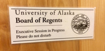 The University of Alaska Board of Regents met in Anchorage for an executive session. At the end of the meeting, they went into public session and voted 9-1 to rescind President Pat Gamble’s retention bonus. (Photo by Josh Edge, APRN – Anchorage)