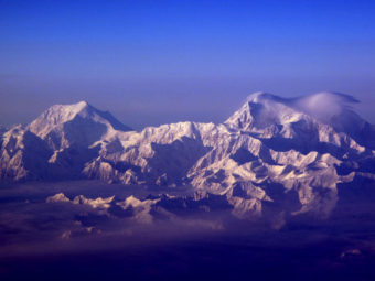 The snow-capturing peaks of the Alaska Range, including 17,400 foot Mount Foraker, left, and 20,320 foot Mount McKinley. (Photo by Ned Rozell)