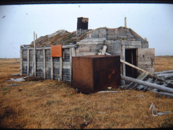 The main building at Leffingwell’s living site on Flaxman Island in a 1970 photo by geologist Gil Mull. Stacey Fritz of Fairbanks, who visited Flaxman Island on a boating trip along the arctic coast in summer 2008, described the cabin then as “a large pile of sod and lumber.” (Photo by Gil Mull)