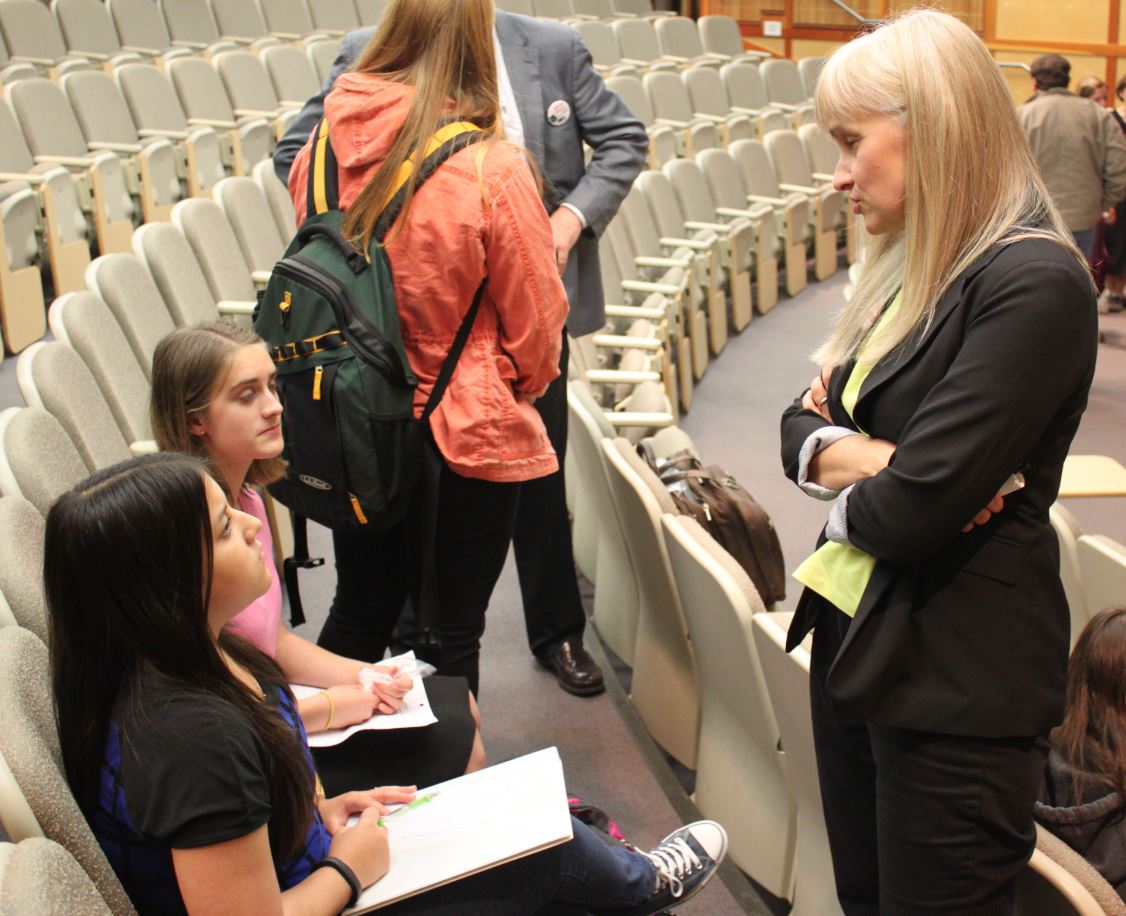 Maria Gladziszewski answers more student questions. (Photo by Lisa Phu/KTOO)