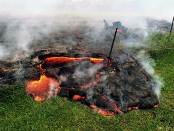 A lava flow advancing across the pasture between the Pahoa cemetery and Apaa Street, engulfing a barbed wire fence, near the town of Pahoa on the Big Island of Hawaii on Sunday. (U.S. Geological Survey/AP)