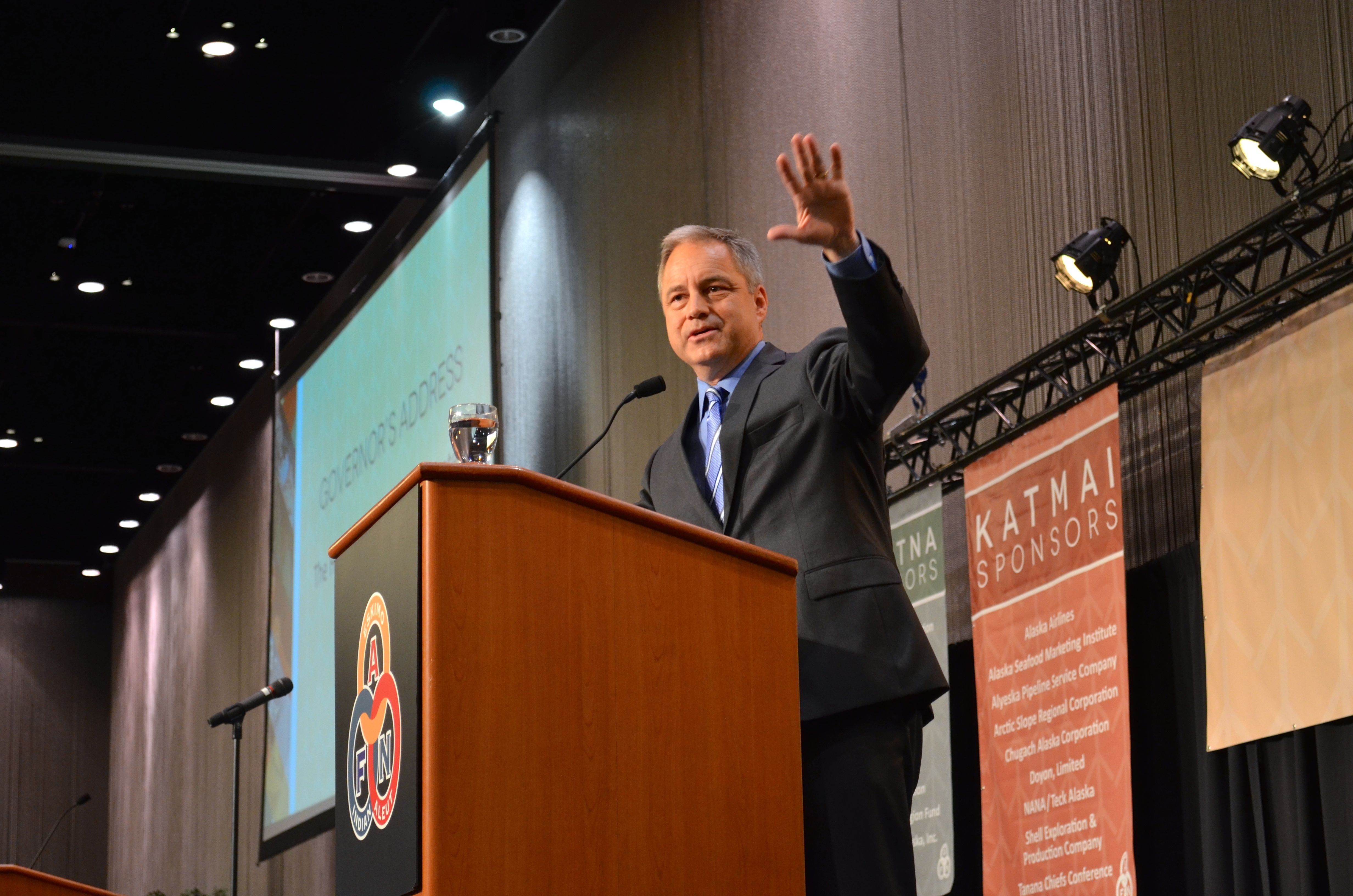Gov. Sean Parnell gave opening remarks to delegates at the Alaska Federation of Natives Convention Thursday. (Photo by Jennifer Canfield/KTOO)