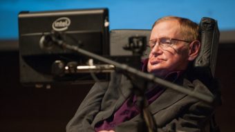 British cosmologist Stephen Hawking gives a talk to workers at Cedars-Sinai Medical Center in Los Angeles, in April 2013.