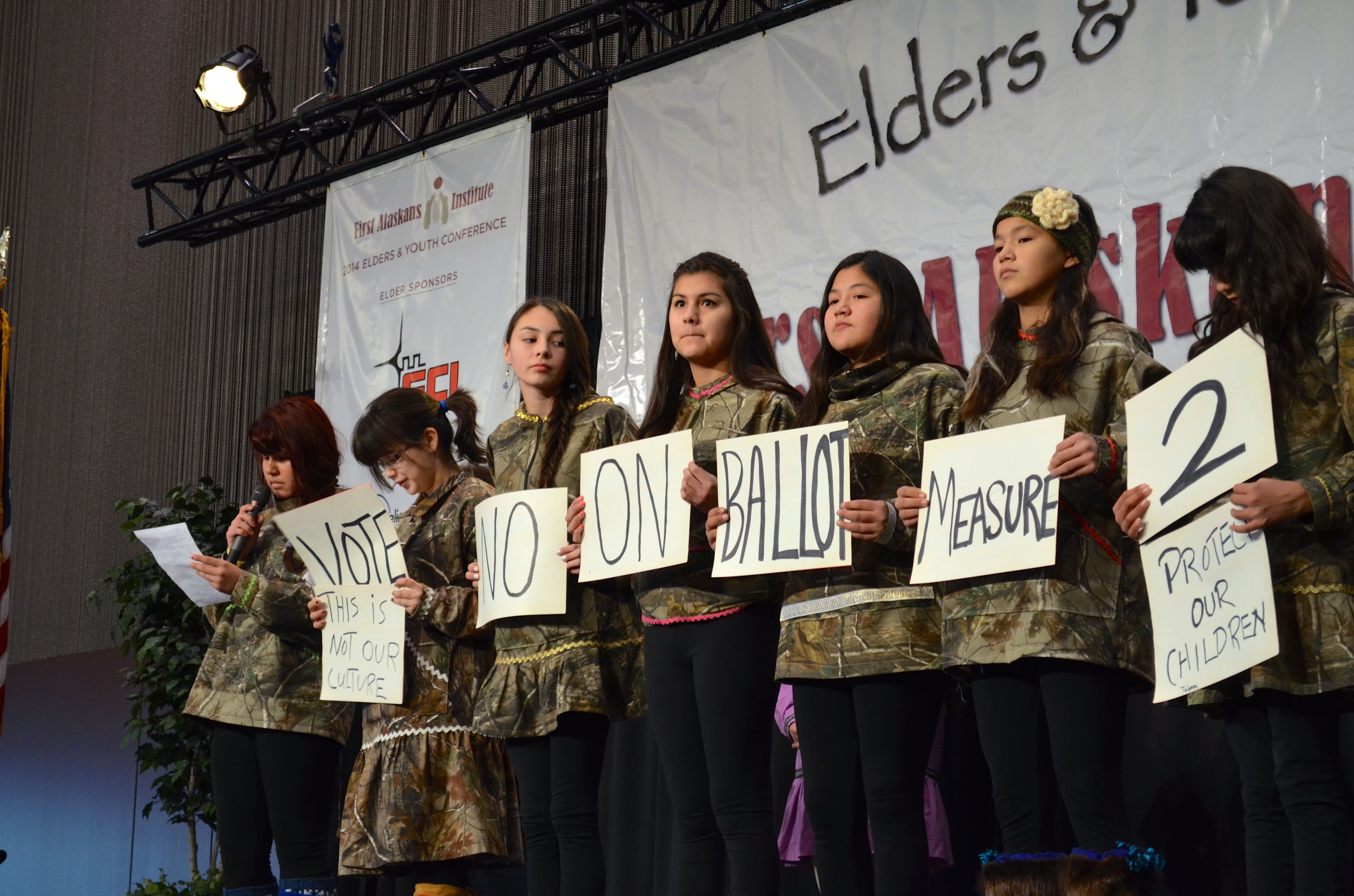 Tanana 4-H members on Tuesday asked Elders and Youth Conference participants to oppose marijuana legalization. (Photo by Jennifer Canfield/KTOO)