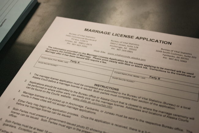 Alaska's marriage license application as of 8 a.m. October 13 after a federal judge on Sunday struck down Alaska's ban on gay marriages. (Photo by Lisa Phu/KTOO)