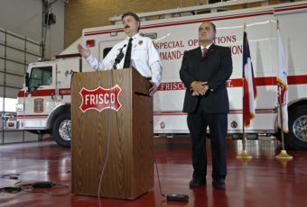 In Frisco, Texas, Fire Chief Mark Piland (left) and Mayor Maher Maso hold a press conference at the Central Fire Station on Wednesday.
