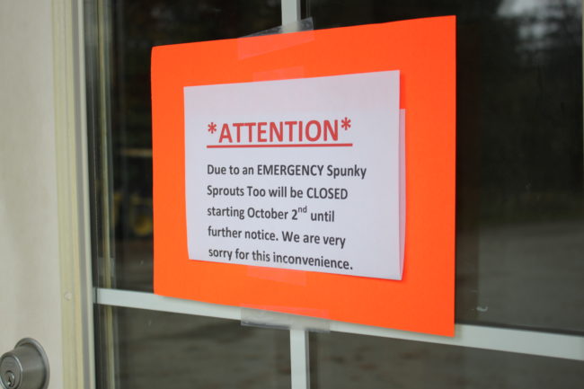 This sign was found on the door of Spunky Sprouts Too located on 9315 Glacier Highway. (Photo by Lisa Phu/KTOO)