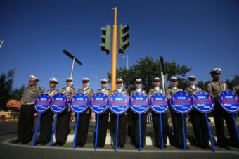 Only some of these officers, seen in Banda Aceh, Indonesia, on Jan. 13, are exempt from a "virginity test." Human Rights Watch wants Indonesia to scrap the practice for its female police recruits. Hotli Simanjuntak /EPA /LANDOV