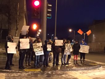 People gathered in downtown Anchorage to show their solidarity with the community of Ferguson, Missouri. (Photo by Anne Hillman/ KSKA)