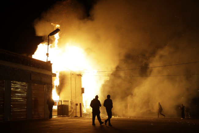 A storage facility in Ferguson, Mo., is on fire following the decision Monday by a grand jury not to charge Officer Darren Wilson in the shooting death of 18-year-old Michael Brown. Demonstrators clashed with police and set buildings on fire. St. Louis County Police Chief John Belmar said the unrest was worse than that which erupted after Brown was killed in August.