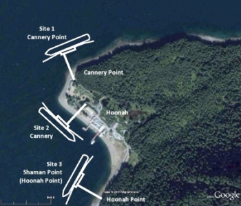 This image from the 2012 Hoonah Berthing Facility Site Alternative Analysis Report shows thee possible dock locations. (Courtesy PND Engineers)