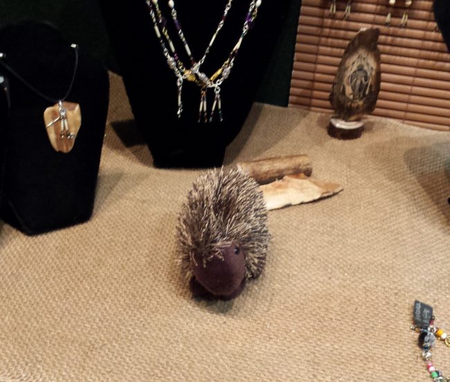 A stuffed porcupine at Mary Anne Wick's booth, Stuckonu Quillworks, at the 2014 Public Market. (Photo by Kayla Desroches/KTOO)