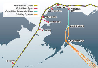 Both the subsea Arctic cable, and a terrestrial cable along the Dalton Highway, are seeing delays that could push the rollout of Quintillion’s ultrafast broadband network in rural Alaska to 2016 or beyond. (Image courtesy Quintillion Networks)